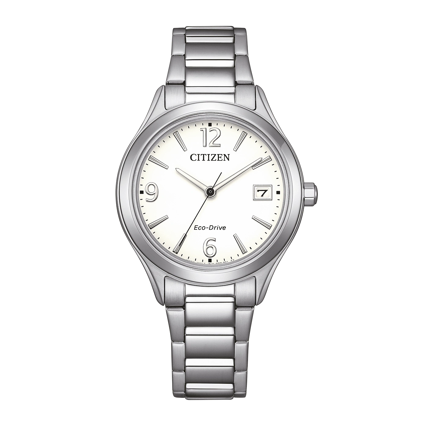De Citizen Eco‑Drive FE6121‑67L is een elegant dameshorloge uit de Elegance collectie van Citizen met een roestvrijstalen kast van ca. 33,5 mm en een bijpassende zilverkleurige stalen band. Het horloge werkt op Citizen Eco‑Drive technologie, dat licht omzet in energie zodat geen batterĳwissel nodig is en biedt een gangreserve tot ca. 240 dagen. De witte wijzerplaat heeft duidelijke Arabische cijfers en streepindexen met een datumvenster, beschermd door kristalglas. Met een waterdichtheid van 5 bar (50 m) is het geschikt voor dagelijks gebruik en spatwater.