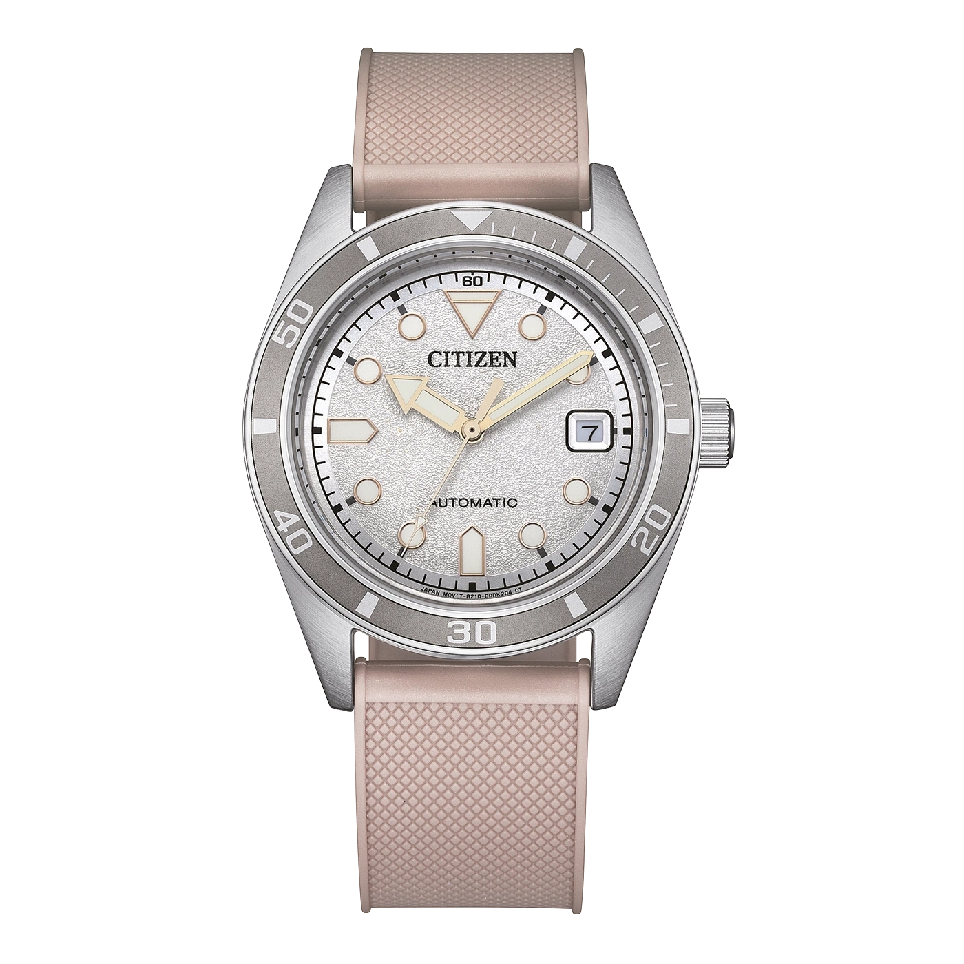 De Citizen NJ0229‑07A is een stijlvol en modern automatisch herenhorloge uit de OF Collection van Citizen, aangedreven door het mechanische Calibre 8210‑uurwerk met een gangreserve van ca. 40 uur &mdash; je hebt dus geen batterij nodig. De roestvrijstalen kast heeft een diameter van 38,5 mm en is waterbestendig tot 10 bar / 100 m, waardoor het horloge geschikt is om mee te zwemmen. De wijzerplaat heeft een textuur in zilver/wit met contrasterende accenten en een datumvenster, en het horloge draagt comfortabel dankzij de roze urethaan/ rubber band met gesp. Het saffierglas beschermt de wijzerplaat tegen krassen, wat bijdraagt aan duurzaamheid en leesbaarheid