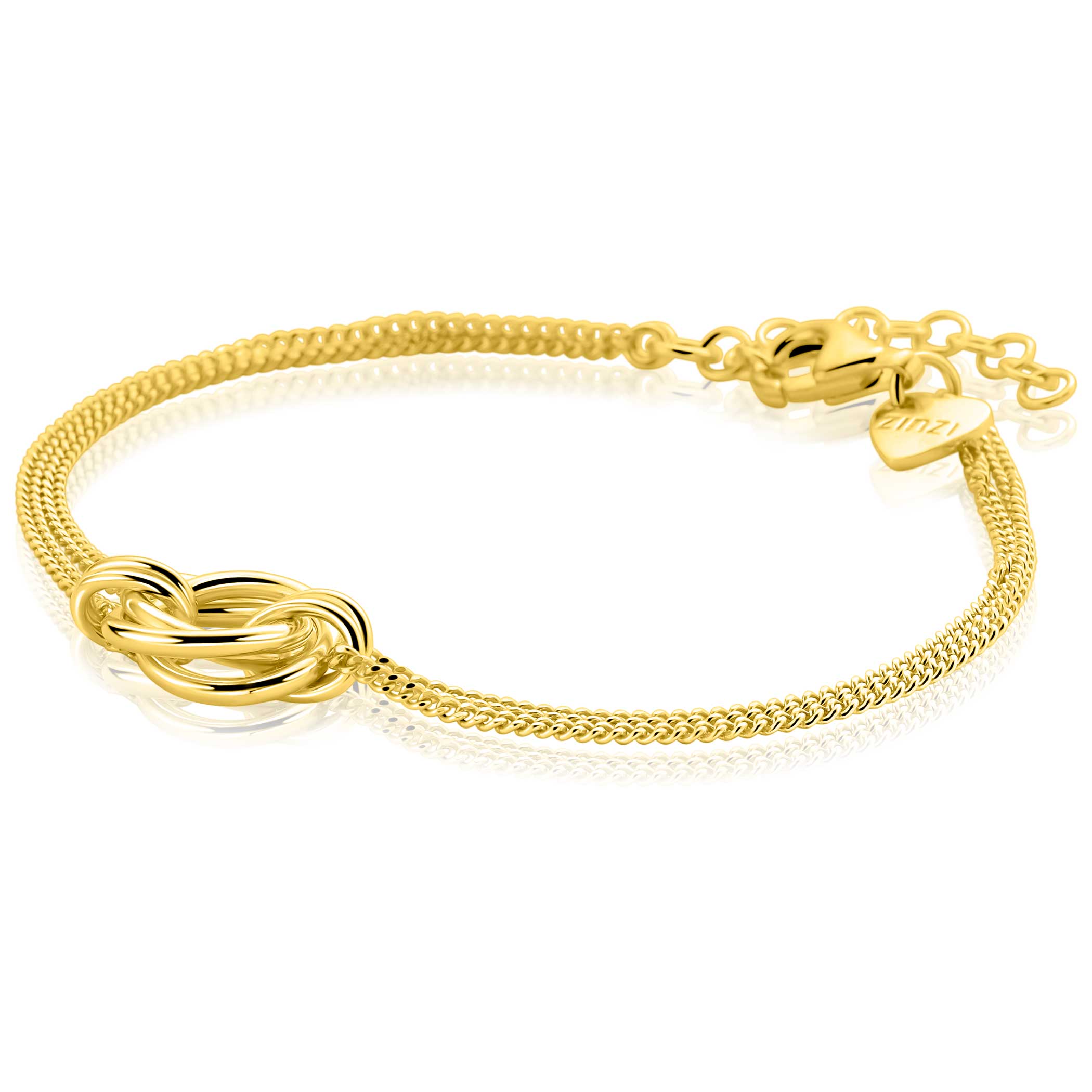 ZINZI gold plated zilveren armband met dubbele gourmet schakel en drie verbonden ringen ZIA2797