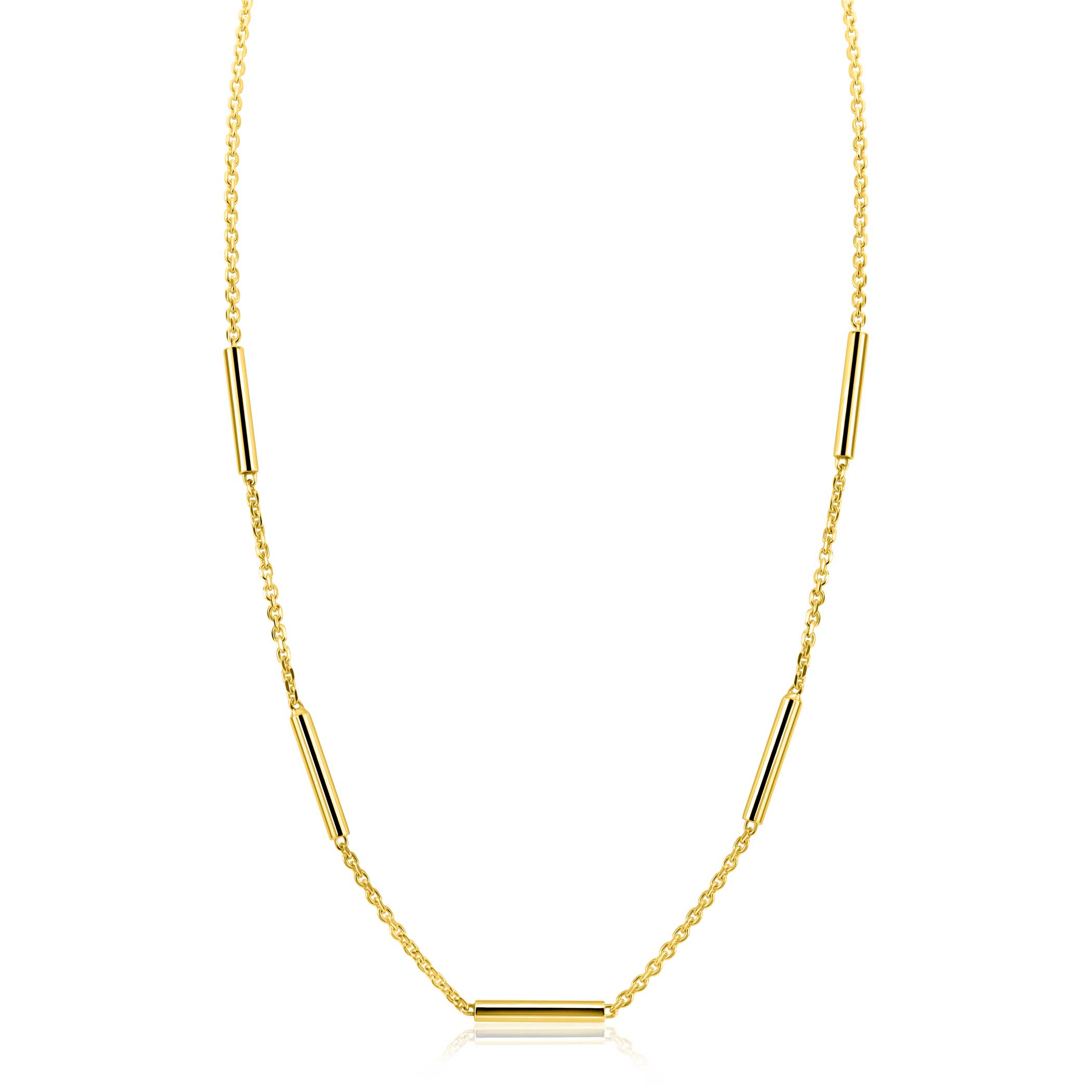 ZINZI goldplated zilveren schakelketting 45cm met vijf gladde ronde staafjes. De lengte van de ketting is verstelbaar van 42cm tot 45cm. Vervaardigd van eerste gehalte zilver (925) en extra geel verguld.