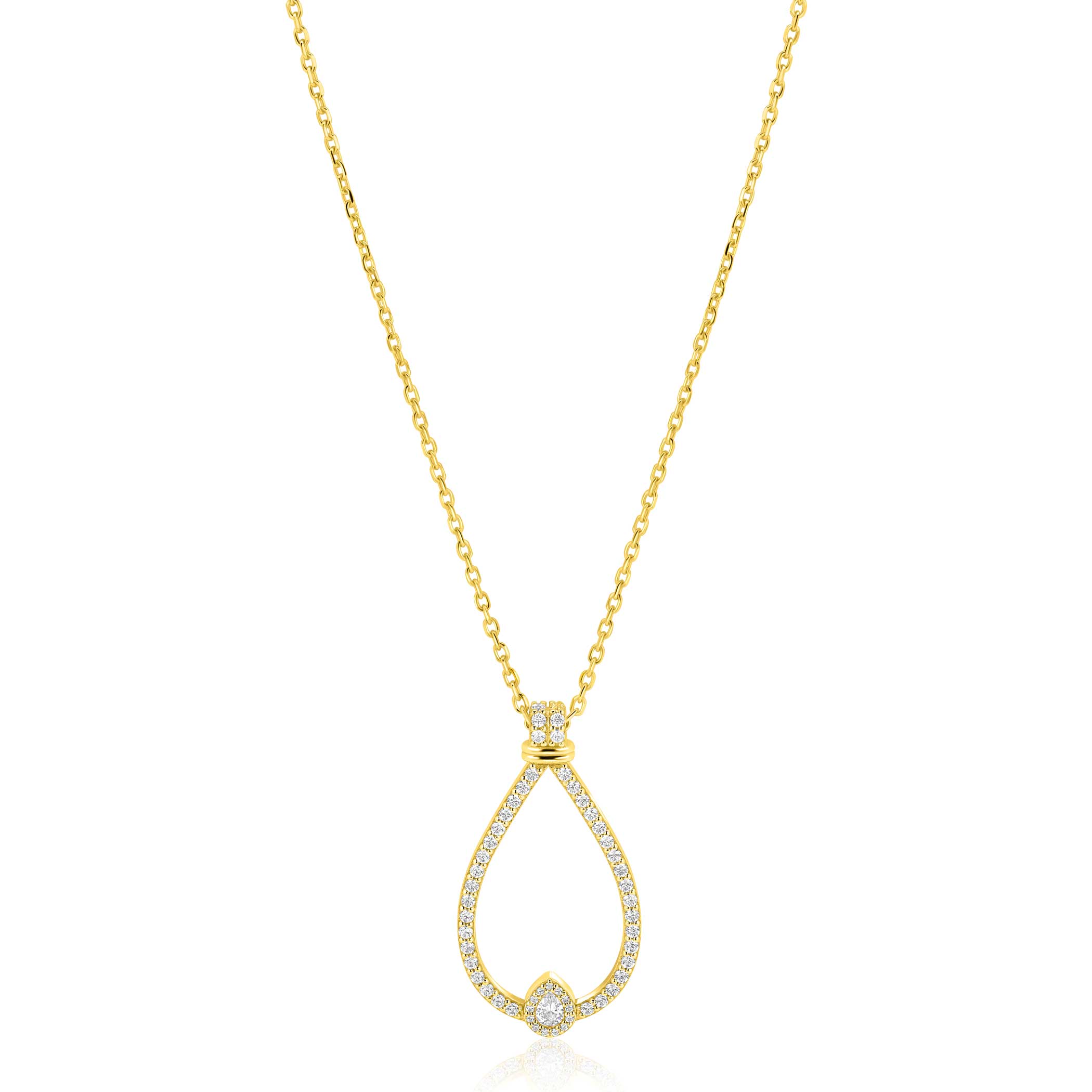 ZINZI goldplated zilveren ketting 45cm met grote sierlijke druppelvormige hanger 35mm met witte zirkonia&rsquo;s ZIC2815