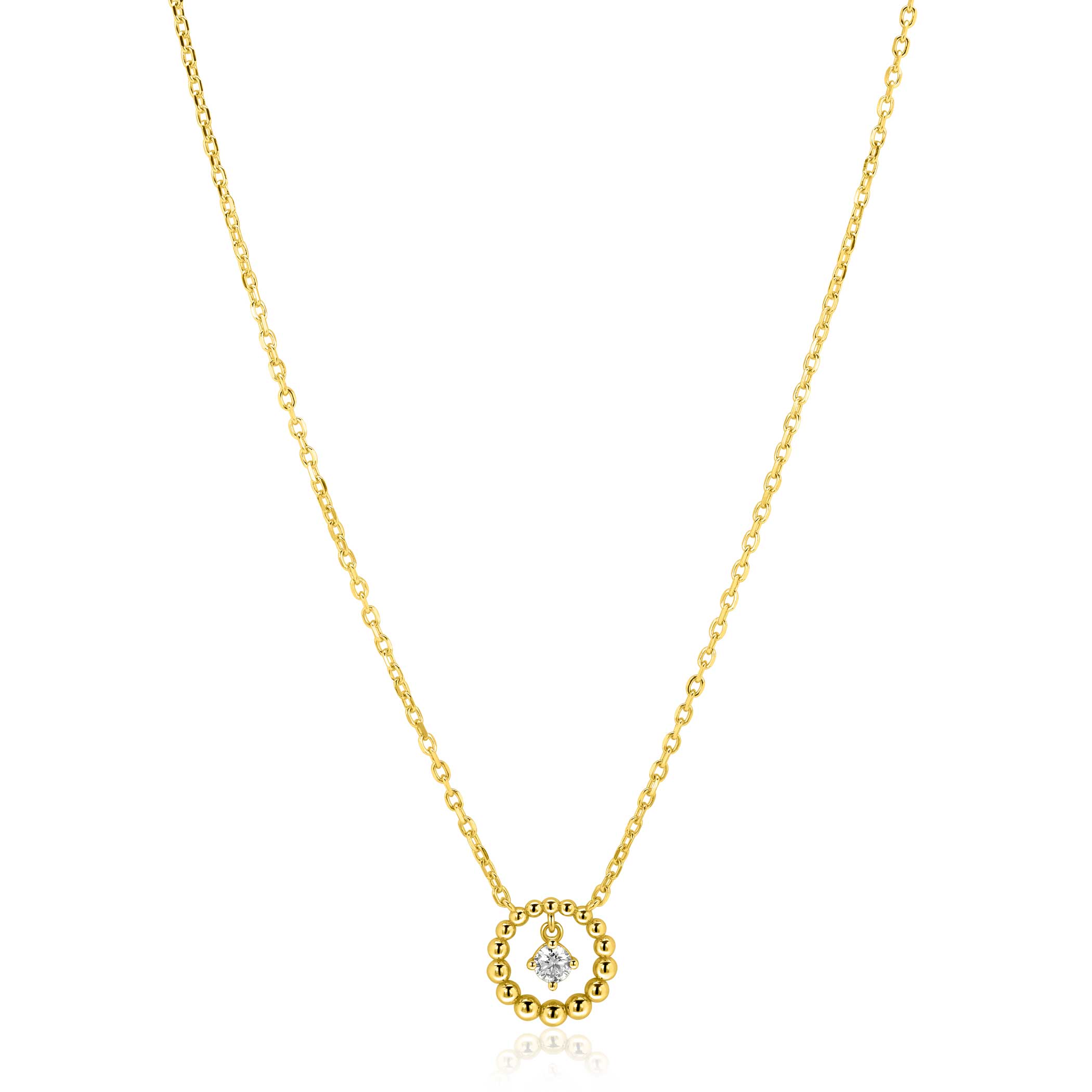 ZINZI goldplated zilveren ketting 45cm met ronde bolletjeshanger en bungelende witte zirkonia ZIC2816