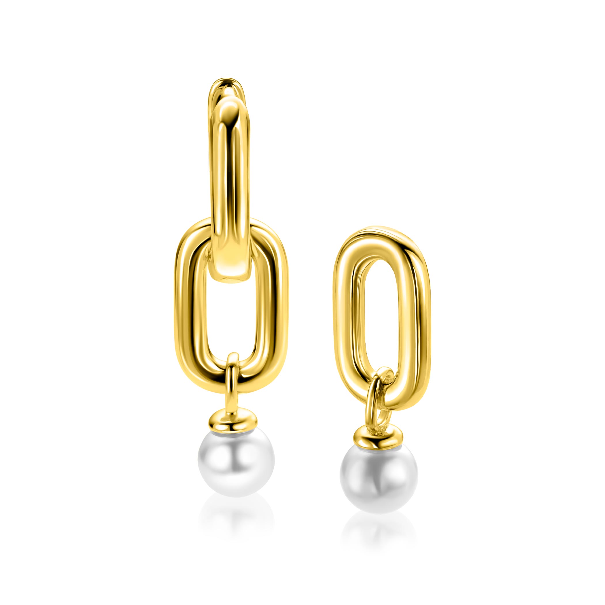23mm ZINZI goldplated zilveren oorbedels met een langwerpige stoere schakel en witte parel ZICH2821G (zonder oorringen)