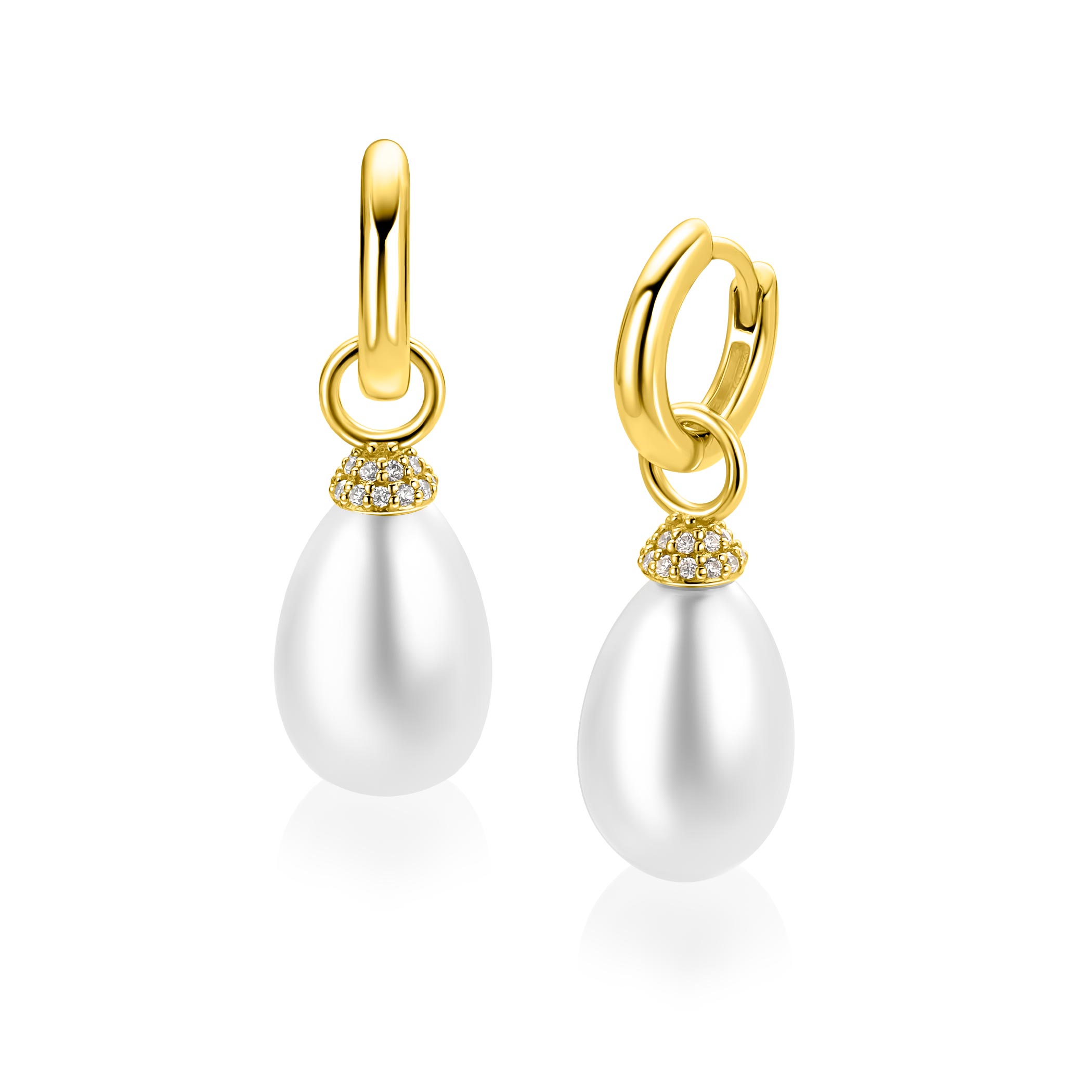 18mm ZINZI goldplated zilveren oorbedels met ovaalvormige witte parel en pav&eacute; gezette top met witte zirkonia&rsquo;s ZICH2822Y (zonder oorringen)
