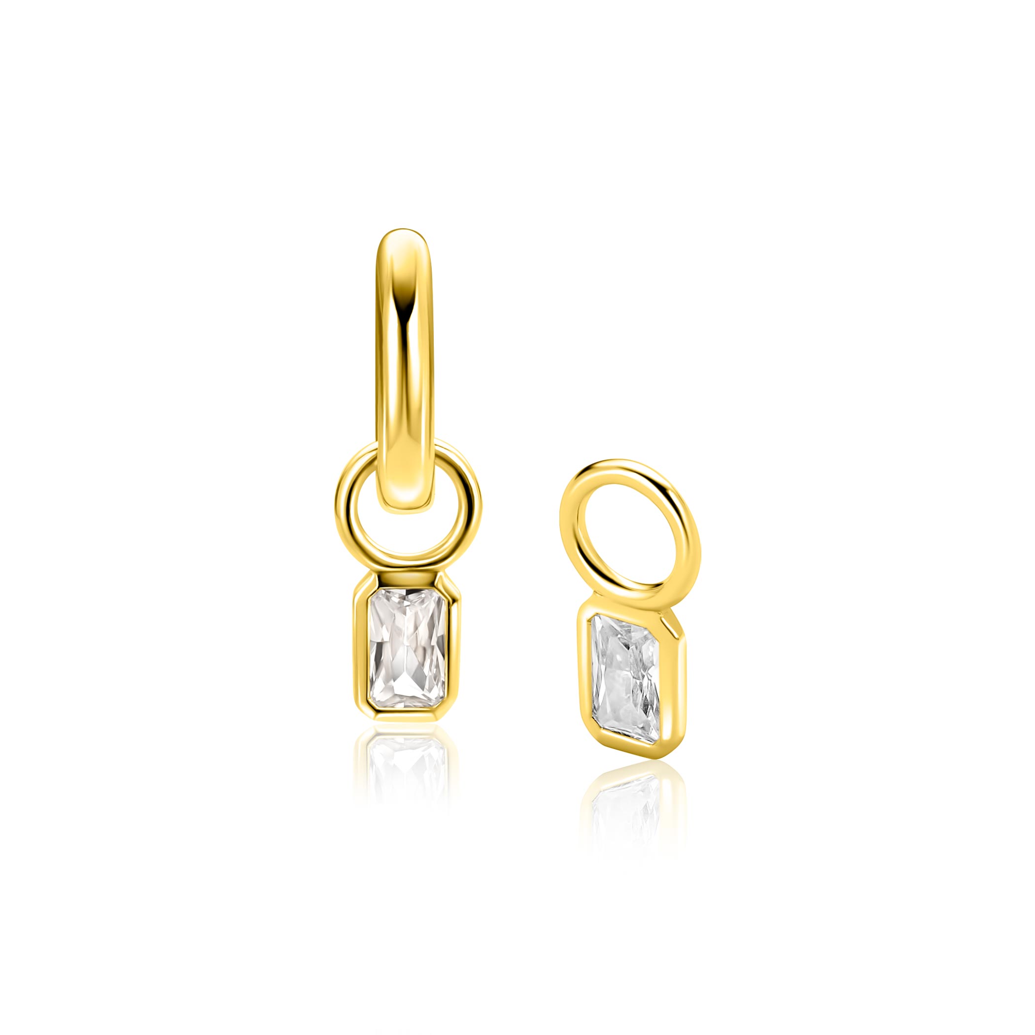 ZINZI goldplated zilveren oorbedels met baguette-geslepen zirkonia in achthoekige zetting. De oorbedels zijn vervaardigd van eerste gehalte zilver (925) en extra geel verguld. De oorbedels zijn exclusief oorringen