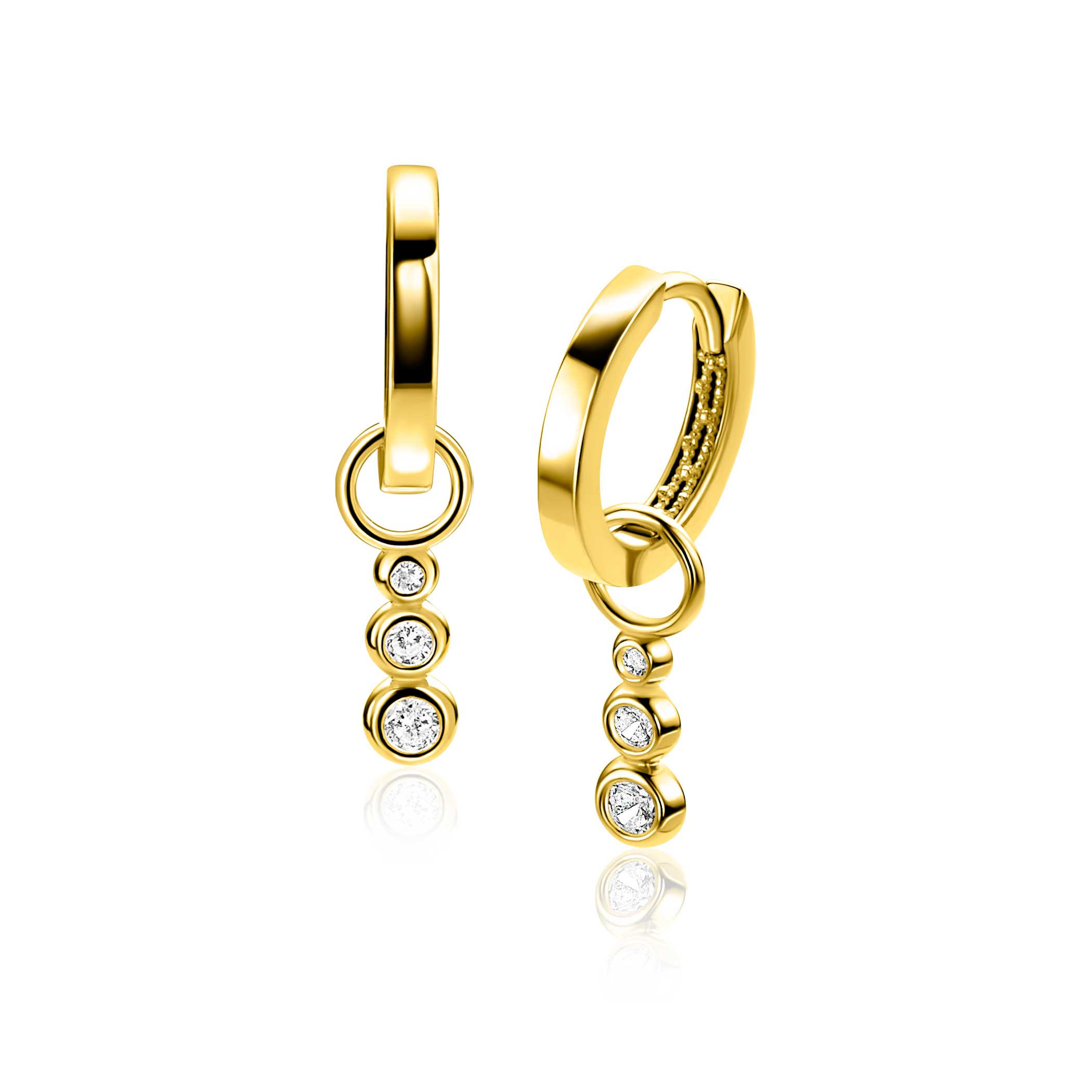 ZINZI Gold 14 karaat gouden oorbedels met drie aflopende ronde witte zirconia's ZGCH556 (zonder oorringen)