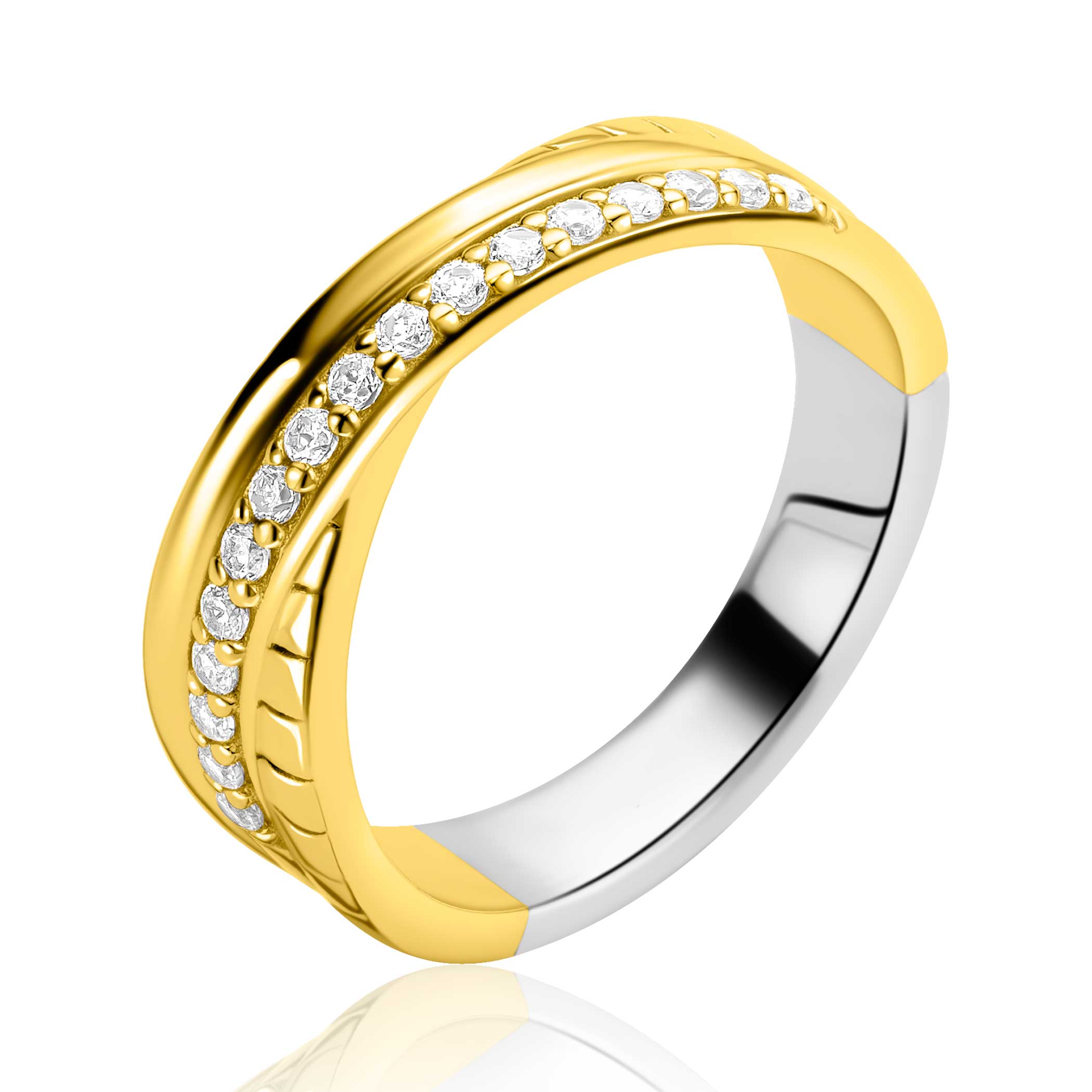 ZINZI goldplated zilveren brede cross-over ring glad witte zirkonia's ZIR2801