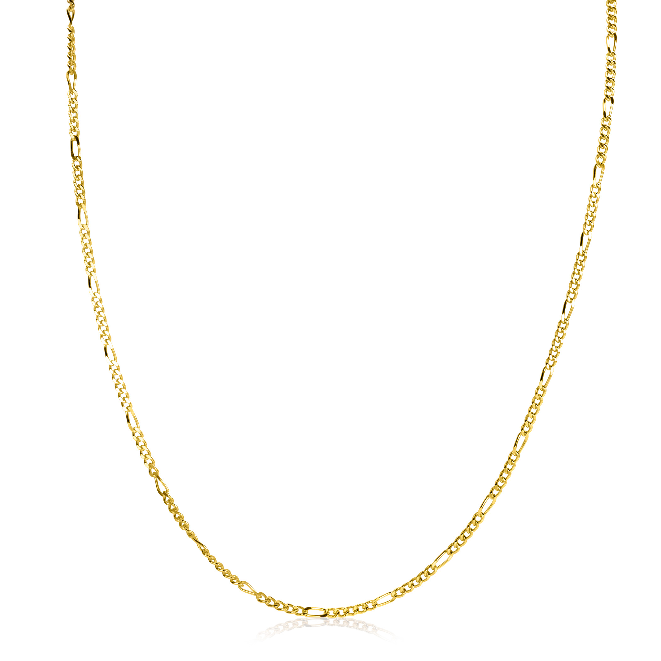 ZINZI gold plated zilveren figaro ketting 45cm (1,7mm breed). Ideaal om je hanger aan te hangen. 45cm. Iedere ketting heeft een extra verlengstukje van 3 cm, zodat ook hiermee de lengte iets te vari&euml;ren is. De verschillende lengte-kettingen zijn gemakkelijk met elkaar te combineren om je hals. Met herkenbaar Zinzi hartje bij de sluiting. Vervaardigd van eerste gehalte zilver (925) en met extra 14K geel vergulding.