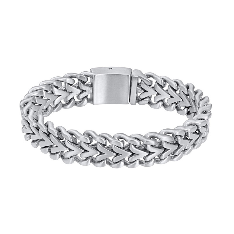 De iXXXi Men armband Rhodes is gemaakt van stainless steel in de kleur matzilver. De armband is voorzien van in elkaar gevlochten stoere schakels. Maat 21 cm 
