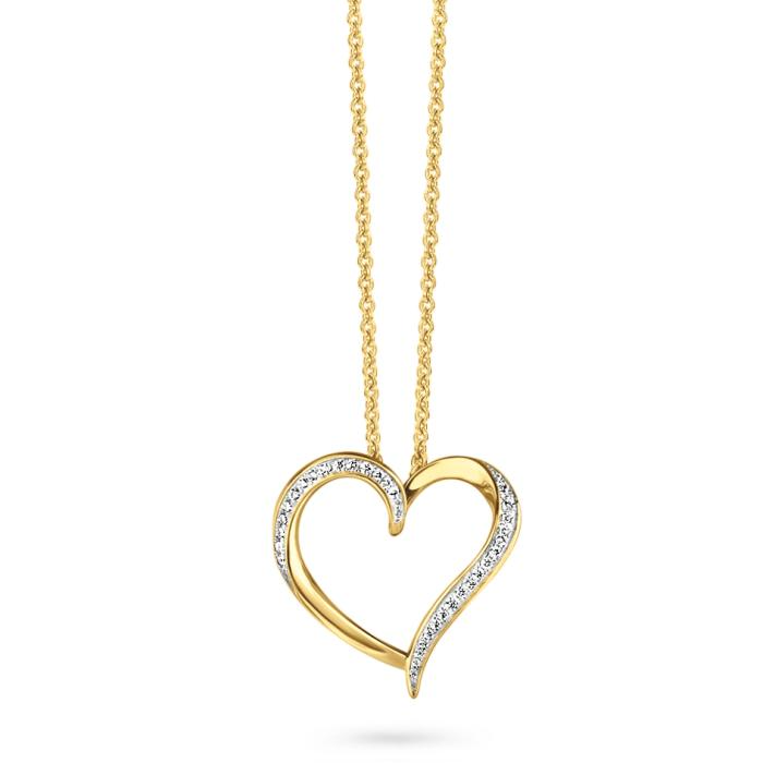 Ketting in plaque met hanger in plaque. De ketting is een forcat schakel en de hanger is groot open hart met 
deels gezet met zirkonium.