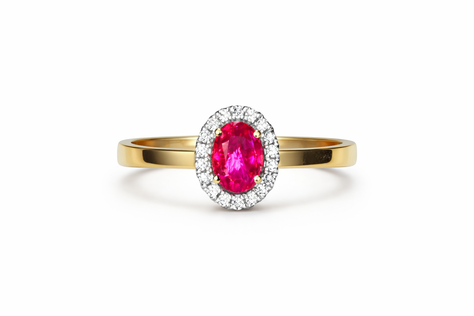 14kt. Geelgouden entouragering, 18-0.11 H/Si diamant + 0.68ct Robijn