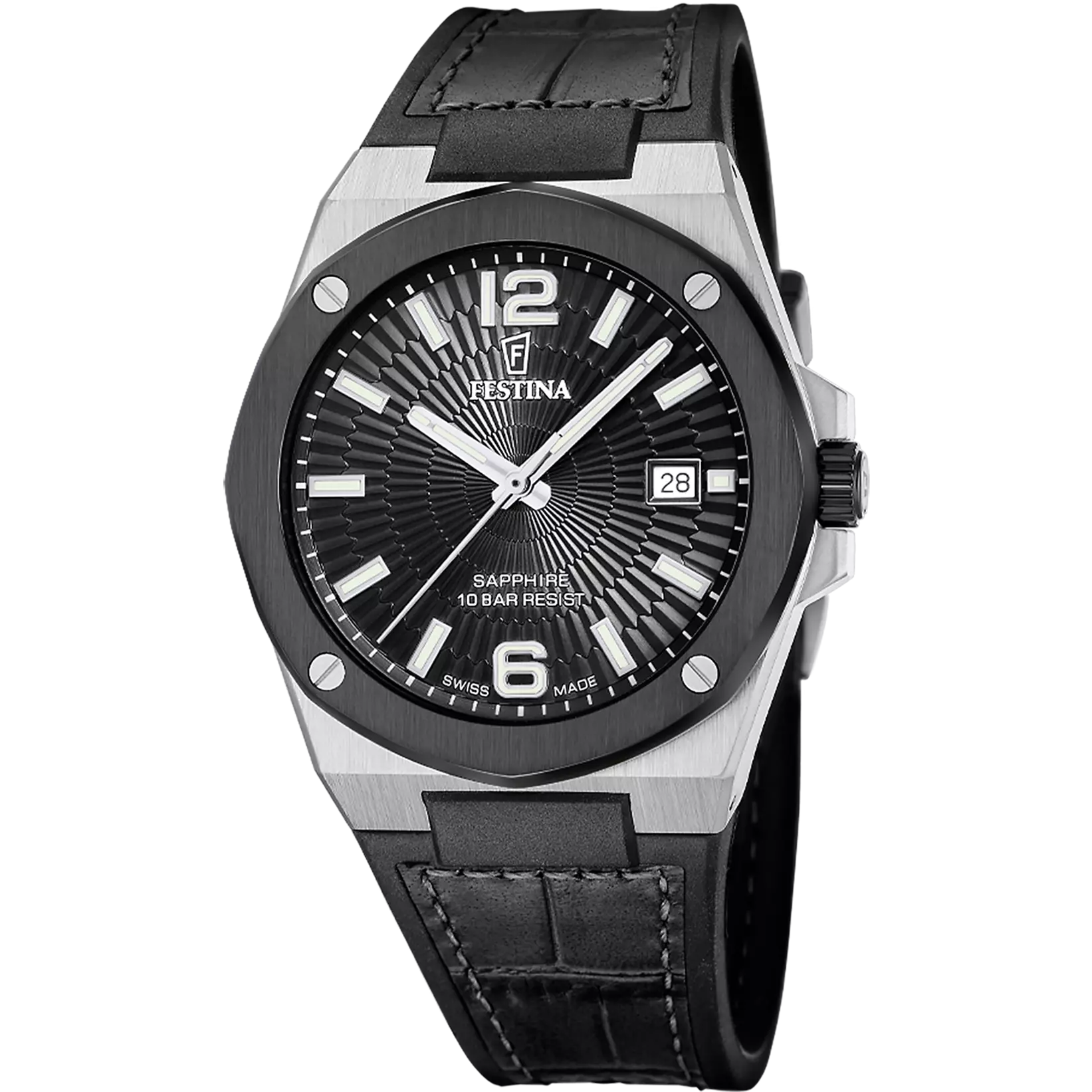 Elegantie, precisie en karakter defini&euml;ren dit horloge uit Festina's Vall&eacute;e collectie. Uitgerust met een Zwitsers uurwerk en chronograaffuncties, onderscheidt dit model zich door de robuuste achthoekige stalen kast en de getextureerde wijzerplaat met grote visuele diepte. Het saffierglas zorgt voor een superieure krasbestendigheid, terwijl de band van echt leer comfort en distinctie toevoegt. Een uurwerk ontworpen voor diegenen die authenticiteit en Zwitserse horlogemakerskwaliteit hoog in het vaandel hebben staan.