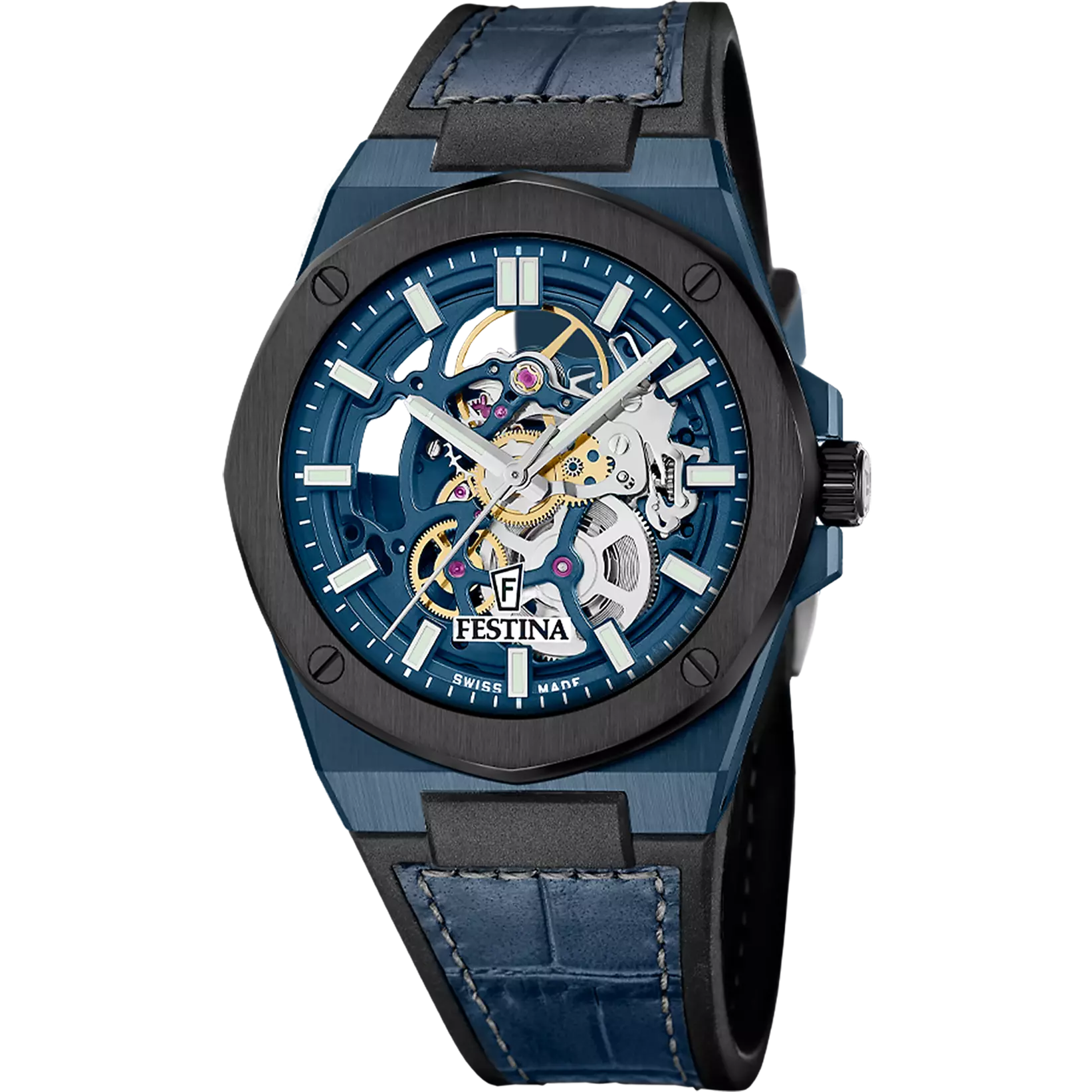 De Festina Swiss Made F22011/1 valt op door zijn moderne uitstraling en verfijnde mechanische architectuur. De blauw opengewerkte wijzerplaat toont het automatische Zwitserse uurwerk en benadrukt de perfectie van de afwerking. De kast van roestvrij staal met gesatineerde blauwe afwerking geeft het horloge een moderne en technische uitstraling. Het saffierglas biedt duurzame bescherming en blijvende helderheid. Lichtgevende wijzers en opgezette indexen zorgen voor een uitstekende leesbaarheid. De blauwe leren band met verfijnde textuur maakt het ontwerp compleet met een vleugje elegantie. Een horloge dat traditionele Zwitserse uurwerkkunst combineert met eigentijds design.