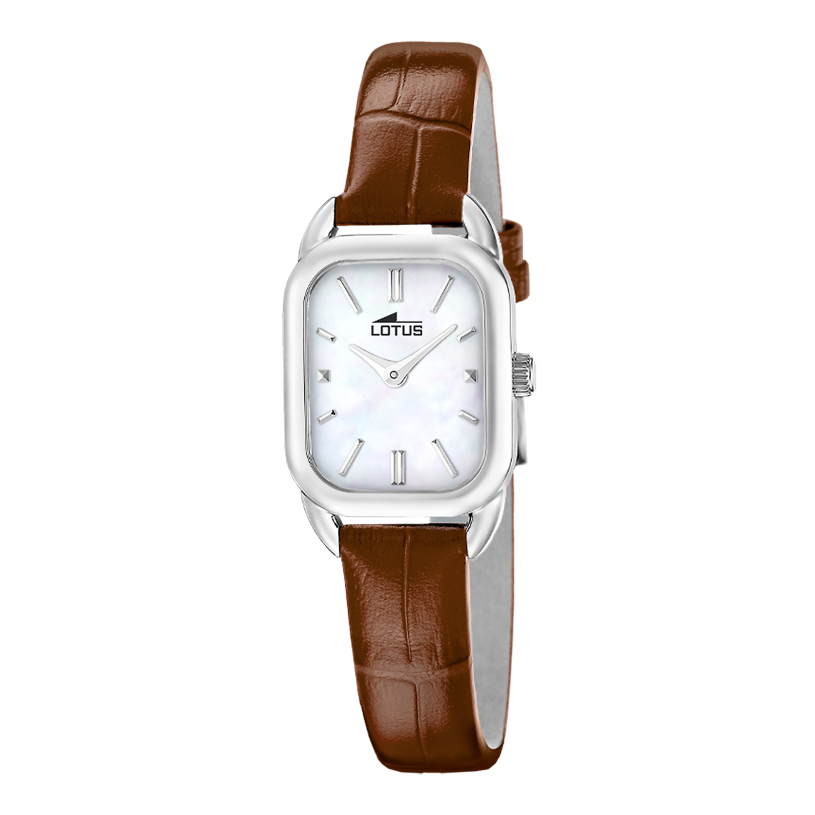 De Lotus 2Gether 19040/2 heeft een elegante parelmoeren wijzerplaat in een rechthoekige kast van roestvrij staal met een warme bruine leren band. In geschenkdoos met armband &ndash; een verfijnd en charmant cadeau.