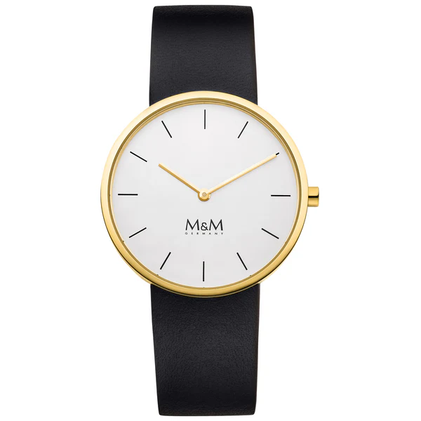 Dames M&M horloge met double kast en zwart leren band.