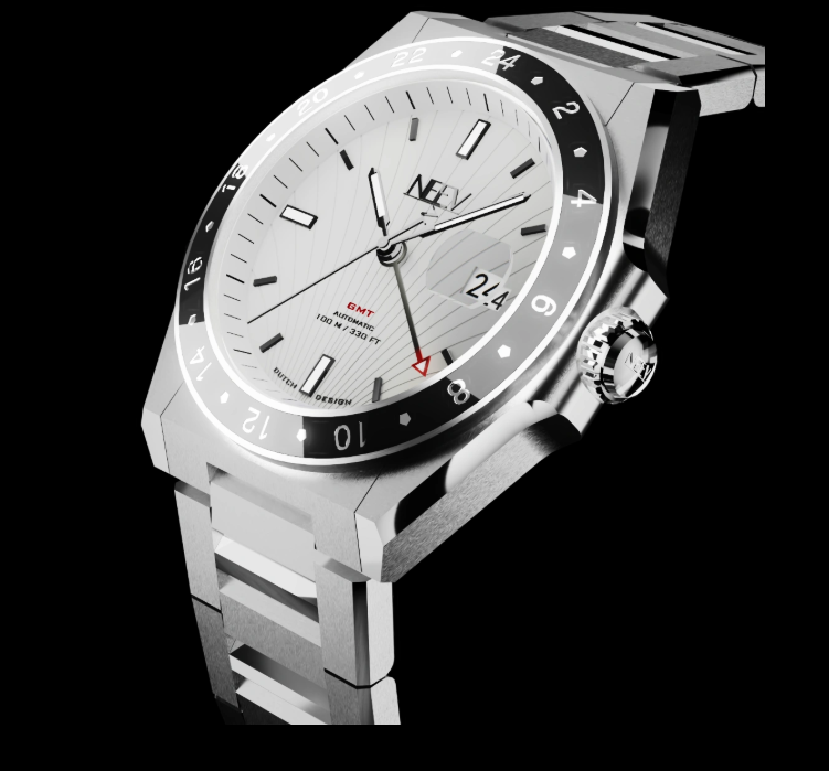 Ontdek de veelzijdigheid van dit prachtige GMT horloge. Dit stijlvolle model is ontworpen voor de reiziger die precisie en elegantie waardeert. Het schitterende staal en met zijn wit gelakte wijzerplaat en kenmerkende NEEV-details biedt dit horloge niet alleen een tijdloze uitstraling, maar ook de functionaliteit van een tweede tijdzone.