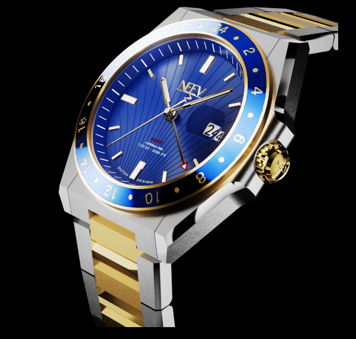 Ontdek de veelzijdigheid van dit prachtige GMT horloge. Dit stijlvolle model is ontworpen voor de reiziger die precisie en elegantie waardeert. De schitterende combinatie van goud en staal en kenmerkende NEEV-details biedt dit horloge niet alleen een tijdloze uitstraling, maar ook de functionaliteit van een tweede tijdzone.