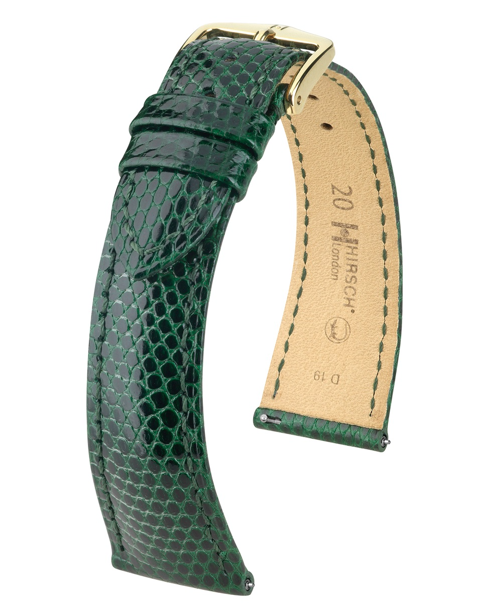 De Hirsch LONDON L Green Shiny Lizard is een luxe horlogeband van glanzend groen hagedissenleer met een elegante, verfijnde uitstraling. Dankzij de maat 18/16 mm en de hoogwaardige afwerking is hij comfortabel om te dragen en perfect voor een stijlvol horloge.