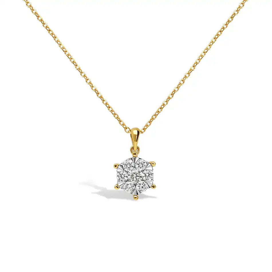 14 Karaat gouden hanger met 13 natuurlijke diamanten in een gecombineerde zetting inclusief 45 Cm ketting 

Steengewicht:  6-0.01 Crt  / 6-0.14Crt  /1-0.10 Crt 
edelsteen kwaliteit
Kleur: H (white wesselton)
Zuiverheid  SI (small inclusions)
Slijpvorm: Briljant rond 