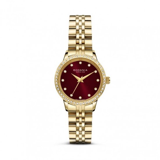 Rodania geelkleurige kast en band-bordeau wijzerplaat