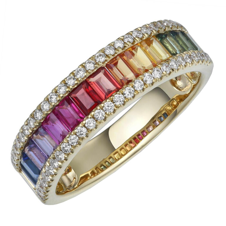18 karaat ros&eacute;goud ring met Diamant en Saffier in alle kleurnuances van de regenboog 

Extra Informatie 

diamant 54 stenen totaal  0.26 Carat 
Kleur: G ( Fine white / Top wesselton)
Zuiverheid SI (small inclusions)
slijpvorm: briljant 

Saffier verschillende kleuren
14 stenen totaal 1.39 Carat
Slijpvorm:  Baquette 

ook leverbaar in 18 Krt wit- of geelgoud