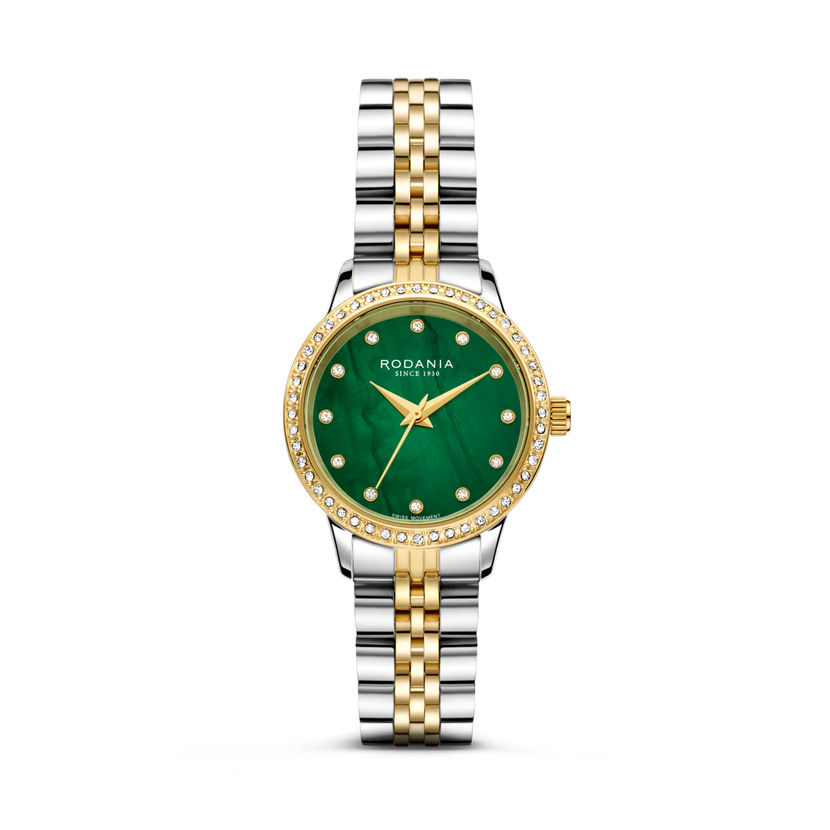De Rodania Dameshorloge - R10025 Montreux is een stijlvolle polshorloge met een groene wijzerplaat en sierdiamanten. De gouden en zilvergekleurde band geeft een luxe uitstraling. Het horloge is waterbestendig tot niveau 5. Draag het bij zowel casual als formele gelegenheden om een elegante en verfijnde look te cre&euml;ren.