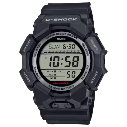 Geniet van een leven met minder batterijwisselingen met een G-SHOCK met grote kast en een batterij die 10 jaar meegaat. Daar hoef je je in elk geval voorlopig geen zorgen over te maken.

De digitale GD-010 biedt handige functies zoals de wereldtijd en een stopwatch, evenals een zeer helder ledlicht, dat gemakkelijk toegankelijk is met de grote knop aan de voorkant van de kast, zodat je zelfs in het donker goed kunt zien.

Deze G-SHOCK is gemaakt van hars van biologische oorsprong en is uitgerust met een batterij die 10 jaar meegaat. Dit is een geweldige G-SHOCK als je de impact op het milieu wilt beperken.

Beschikbaar in een selectie op zwart gebaseerde kleurenschema's voor een cool ontwerp dat gemakkelijk past in zowel informele settings als werksituaties.