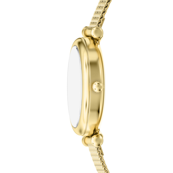 De Fossil Carlie Dameshorloge ES5462 is een stijlvolle polshorloge met een roestvrijstalen kast en Milanese mesh band, beide goudkleurig. Met een 28mm ronde vorm en parelmoeren wijzerplaat met Romeinse cijfers, werkt deze analoge horloge op Quartz beweging. Waterbestendig tot 5 ATM en nikkelvrij. Perfect voor zowel formele als dagelijkse gelegenheden. Geen datumaanduiding of lichtfunctie.