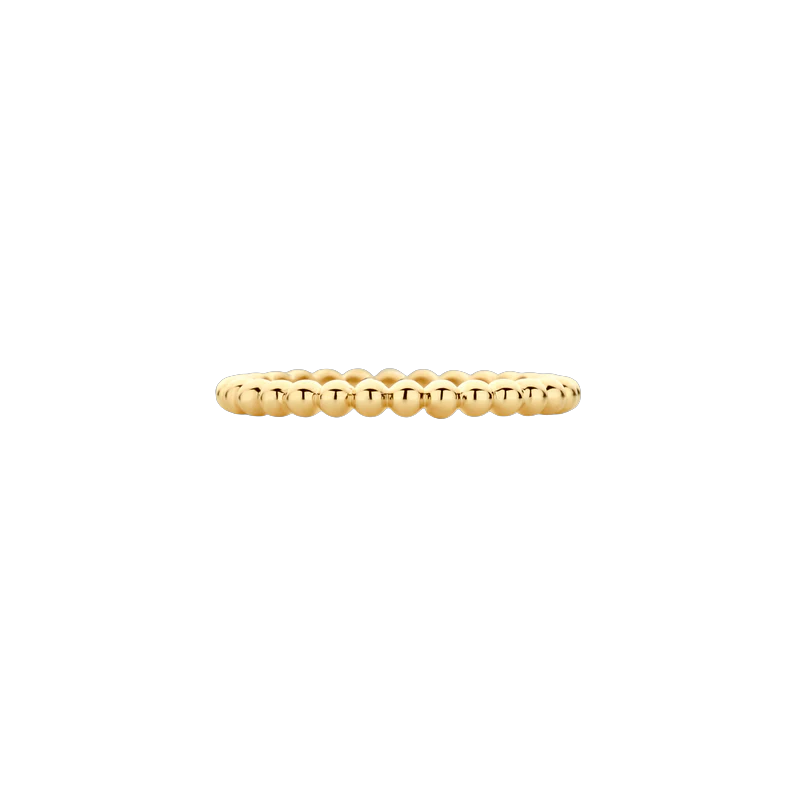 14k geelgouden ring met een bolletjes afwerking
De ring heeft een breedte van 2mm en is op zich zelf te dragen of als aanschuifring met andere ringen