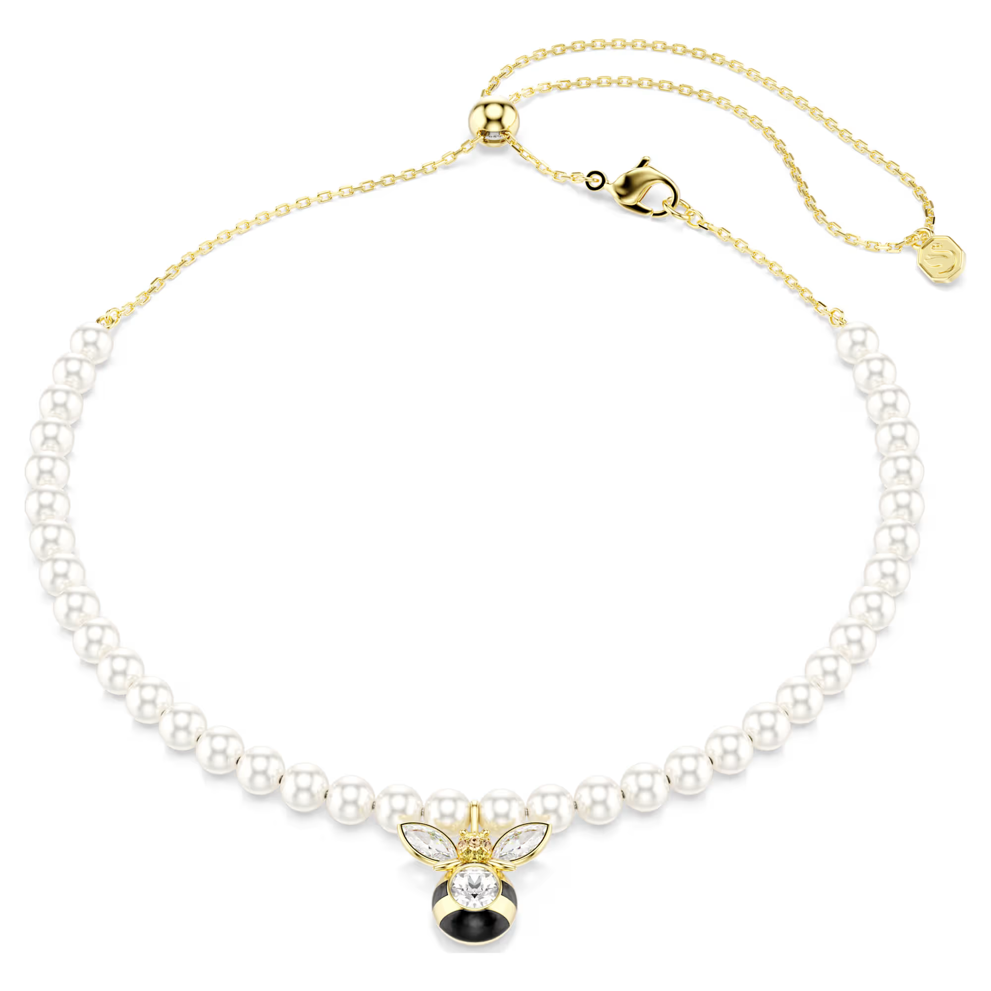 Een zoete en luxueuze toevoeging aan elke look: deze Idyllia-choker heeft een verstelbare ketting met een rij witte Swarovski Crystal Pearls. In het midden bevindt zich een prachtig bijenmotief, nauwkeurig voorzien van heldere kristallen en zwarte en gele strepen. Combineer het met de bijpassende oorbellen, ring of armband met bij om een verzameling van op de natuur ge&iuml;nspireerde sieraden te cre&euml;ren.