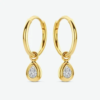 gouden J&J oorringen, glad+ druppel cz hanger