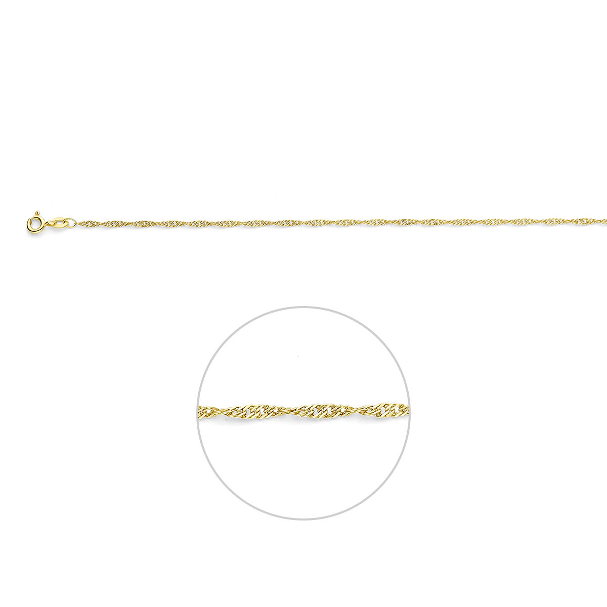 Elegant 9 karaat collier uitgevoerd in een Singapore schakel van 1,8 mm. De verfijnde, gedraaide structuur zorgt voor een mooie schittering en een luxe uitstraling. Perfect om solo te dragen of te combineren met een hanger. Een tijdloos collier dat geschikt is voor dagelijks gebruik.