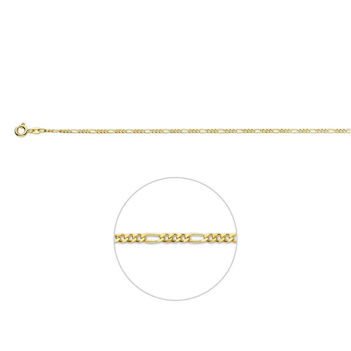 Klassiek 9 karaat collier uitgevoerd in een Figaro schakel van 1,9 mm. De afwisseling van korte en lange schakels geeft dit collier een tijdloze en herkenbare uitstraling. Geschikt om los te dragen of te combineren met een hanger. Een veelzijdig sieraad voor dagelijks gebruik.