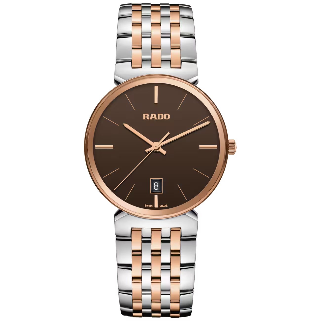 Ontdek de tijdloze combinatie van Zwitserse precisie en elegantie met de iconische Rado Florence. De gepolijste roestvrijstalen kast van 38 mm is voorzien van een saffierglas dat van rand tot rand loopt, met een ros&eacute;goudkleurige gemetalliseerde rand die perfect aansluit bij de bruine wijzerplaat.