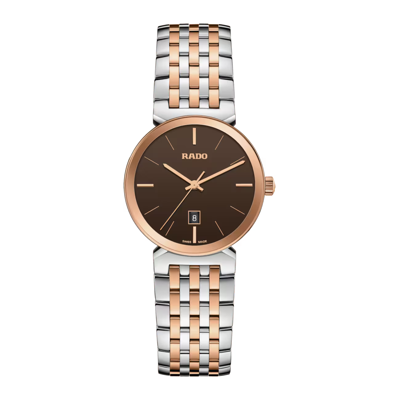 Ontdek de tijdloze combinatie van Zwitserse precisie en elegantie met de iconische Rado Florence. De gepolijste roestvrijstalen kast van 30 mm is voorzien van een saffierglas dat van rand tot rand loopt, met een ros&eacute;goudkleurige gemetalliseerde rand die perfect aansluit bij de bruine wijzerplaat.