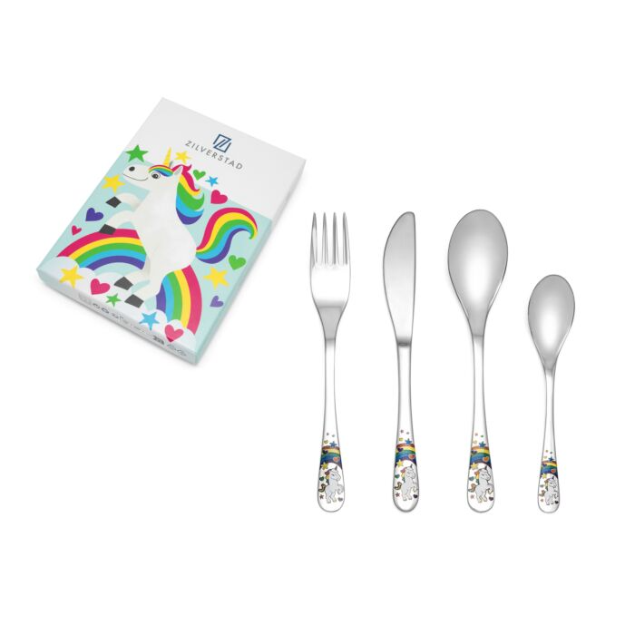 4260070 4 delig kinderbestek met gekleurde unicorn. Naam graveren is gratis.