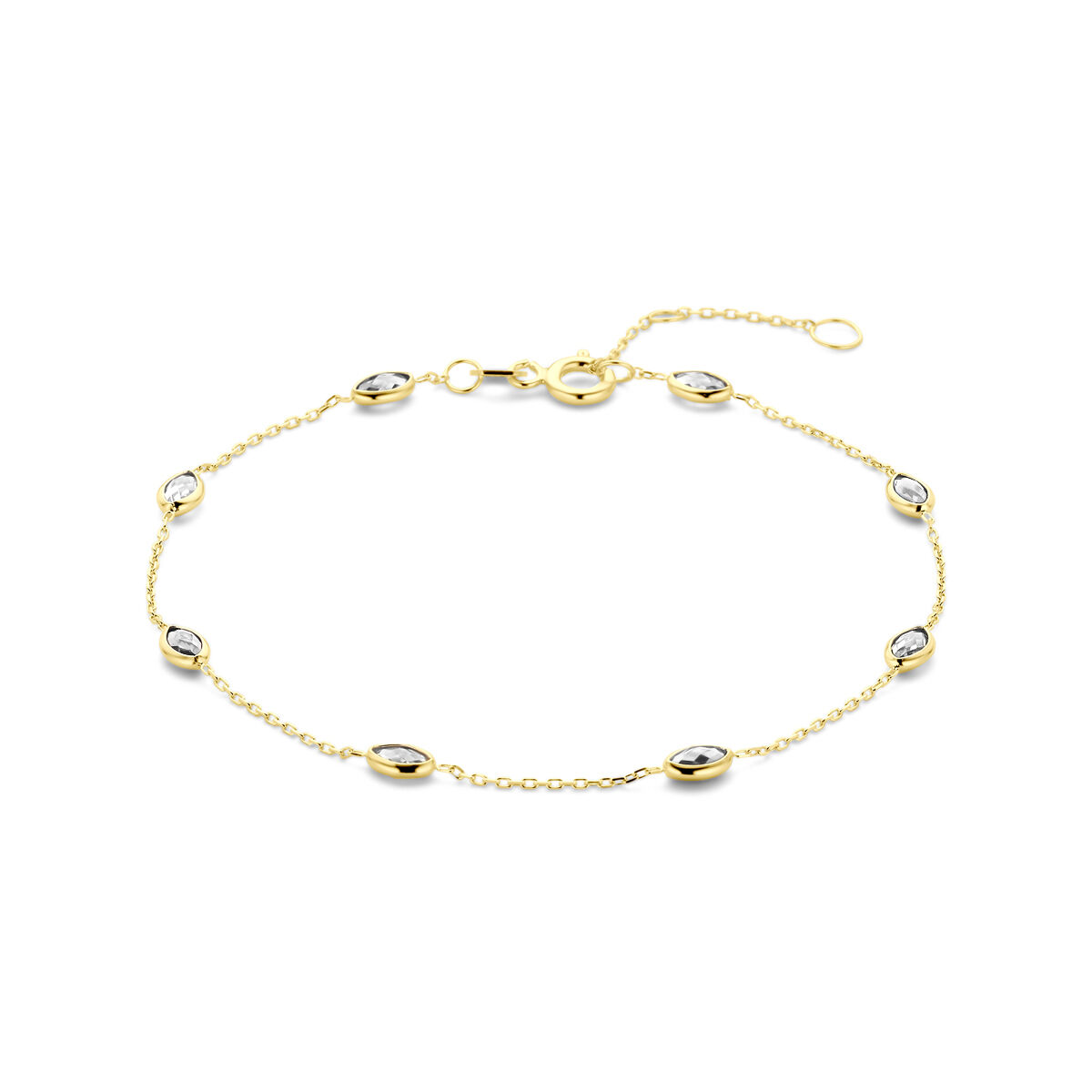 9k Geel kleurig armband uitgevoerd met zirkonia. De armband heeft draaglengtes van 16.5-17.5 en 18.5cm.