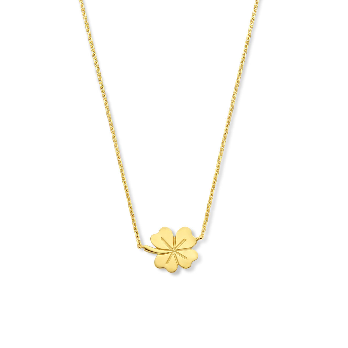 9k Geel kleurig collier uitgevoerd met een klaver. Het collier heeft draaglengtes van 40, 42 en 44cm. De schakelbreedte is 0.8mm.