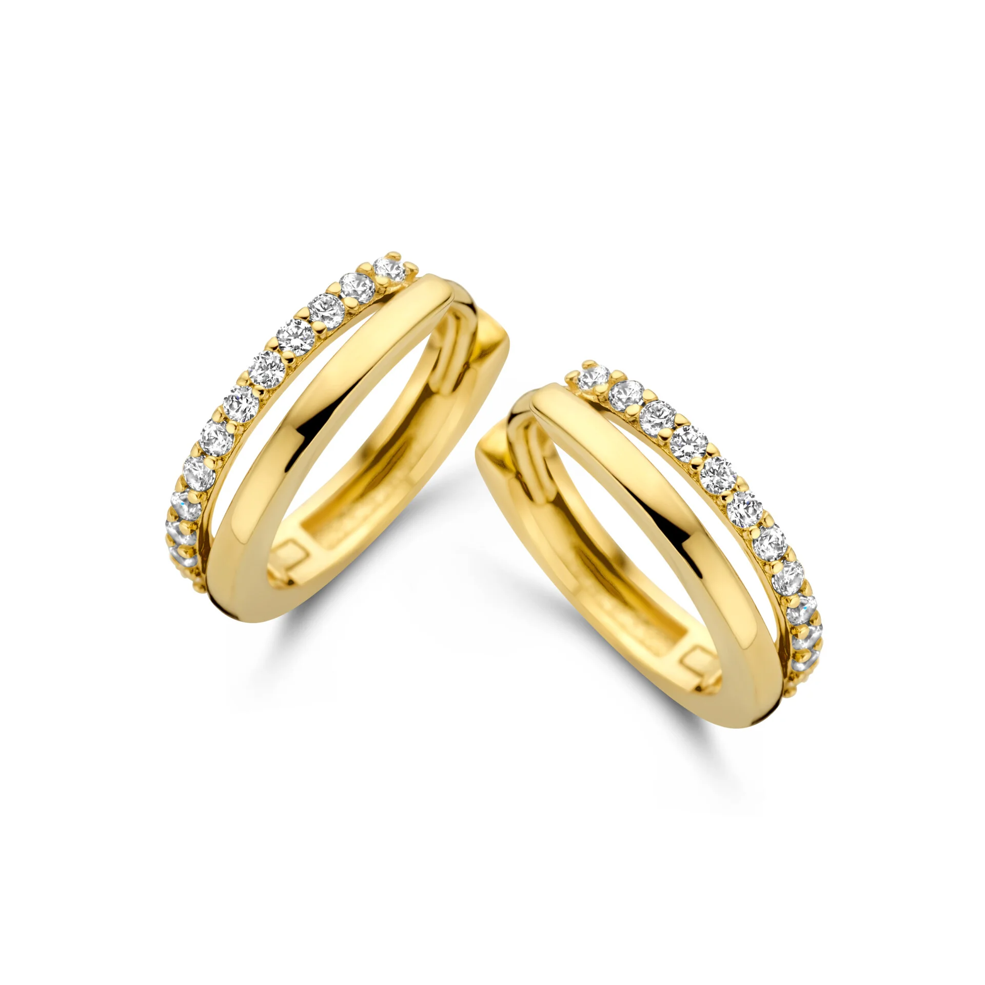 gouden J&J oorringen, 1/2 zirconia/1/2 glad