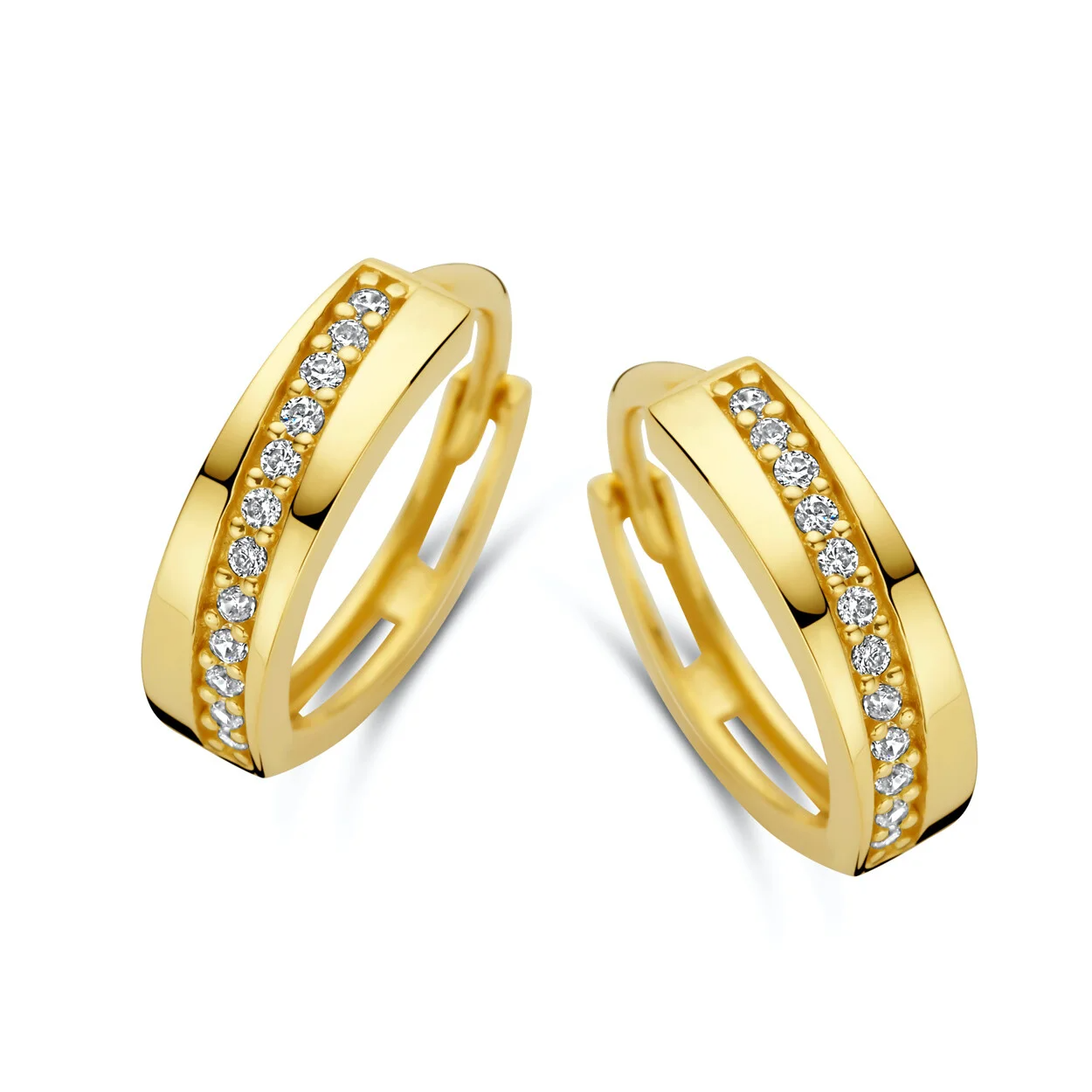 gouden J&J oorringen, glad+ schuin rij cz