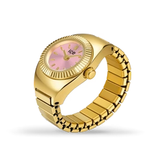 De Ice Ring Horloge Chouchou Gold pink 15mm 2H model 025518 heeft een roestvrijstalen kast en band. Deze unieke ringhorloge met analoge tijdsaanduiding heeft een goudkleurige afwerking en een roze wijzerplaat. Het horloge is spatwaterdicht en heeft een mineraalglas. Draag deze stijlvolle horloge als een opvallend modeaccessoire aan je vinger. Geen datumaanduiding.