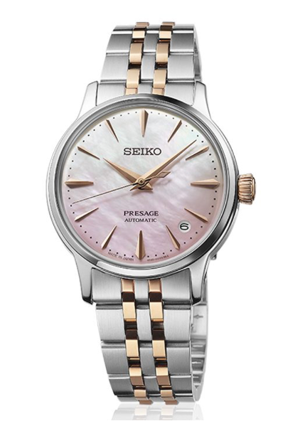 Dit horloge, modelnummer SRPM06J1, is een elegante polshorloge. Met een roestvrijstalen kast, gouden metalen band en parelmoerkleurige wijzerplaat straalt het klasse uit. De automatische beweging en analoge aanduiding maken het verfijnd. Perfect voor zowel zakelijke als feestelijke gelegenheden. Waterbestendig tot 50 meter. Ideaal te dragen met formele kleding voor een tijdloze uitstraling.