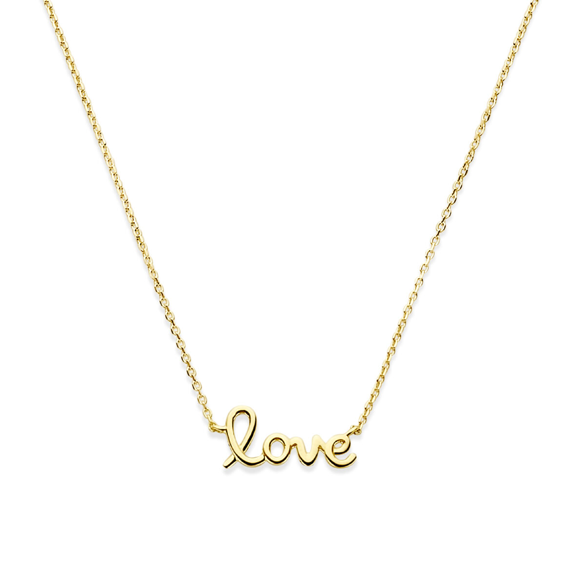 14k Geelgouden collier uitgevoerd met de tekst love. Het collier heeft draaglengtes van 40, 42 en 44cm. De schakelbreedte is 0.8mm.