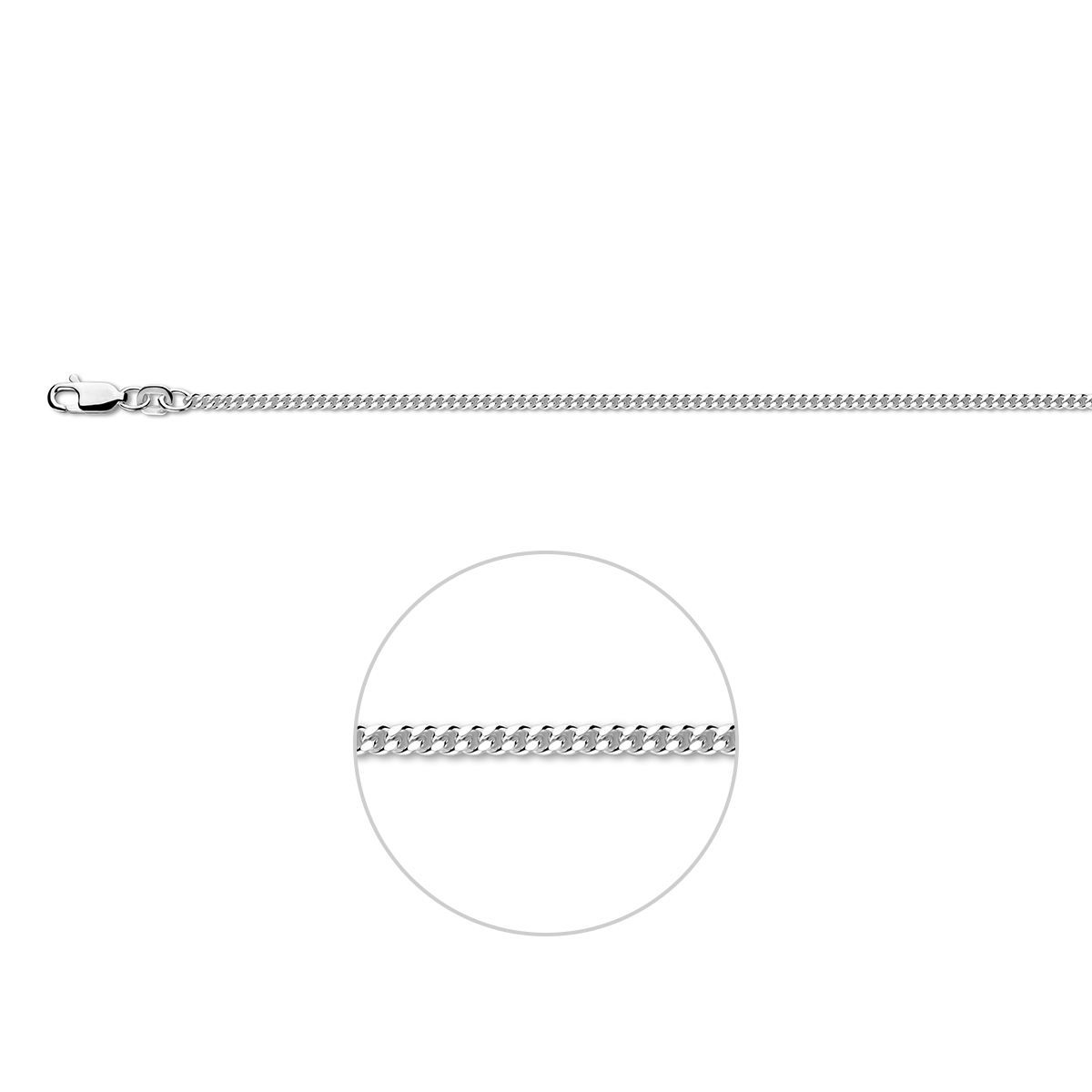 Zilveren lengteartikel&nbsp;met gourmette schakel. De schakelbreedte is 2.1mm.