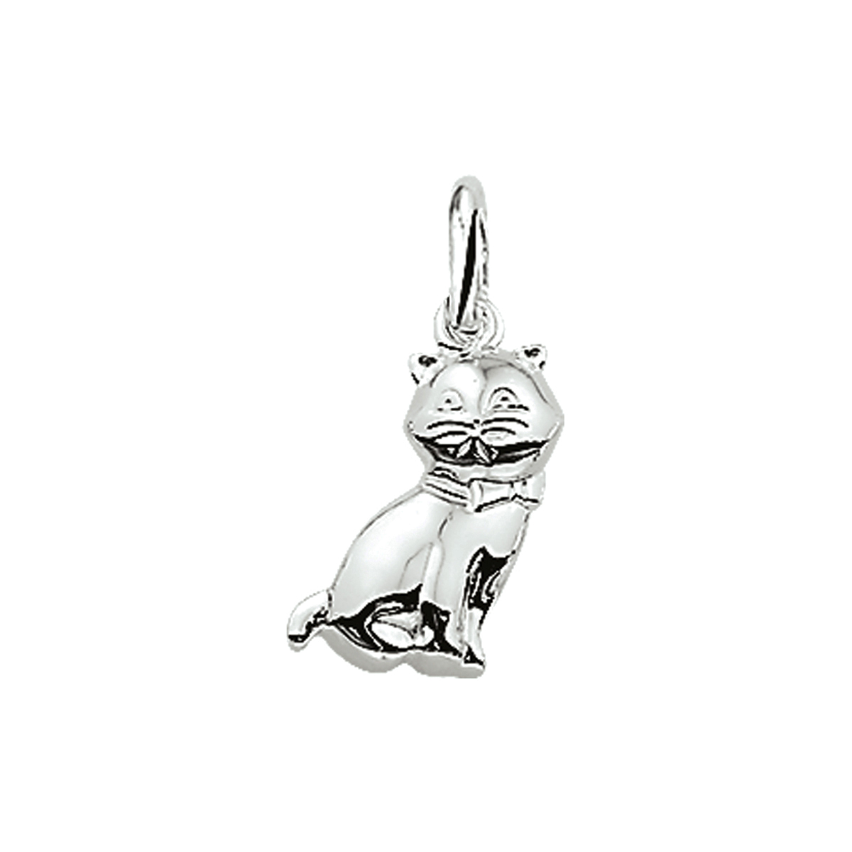 Zilveren bedel met een kat. De bedel heeft een los hangoog.