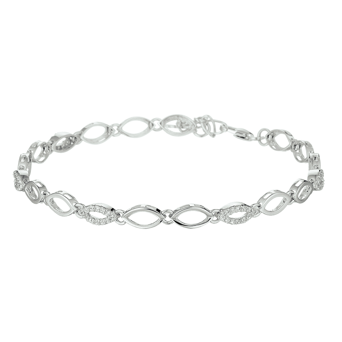 Gerhodineerd zilveren armband met zirkonia. De lengte bedraagt 18cm met 2.5cm extensie. De schakelbreedte is 4.5mm.