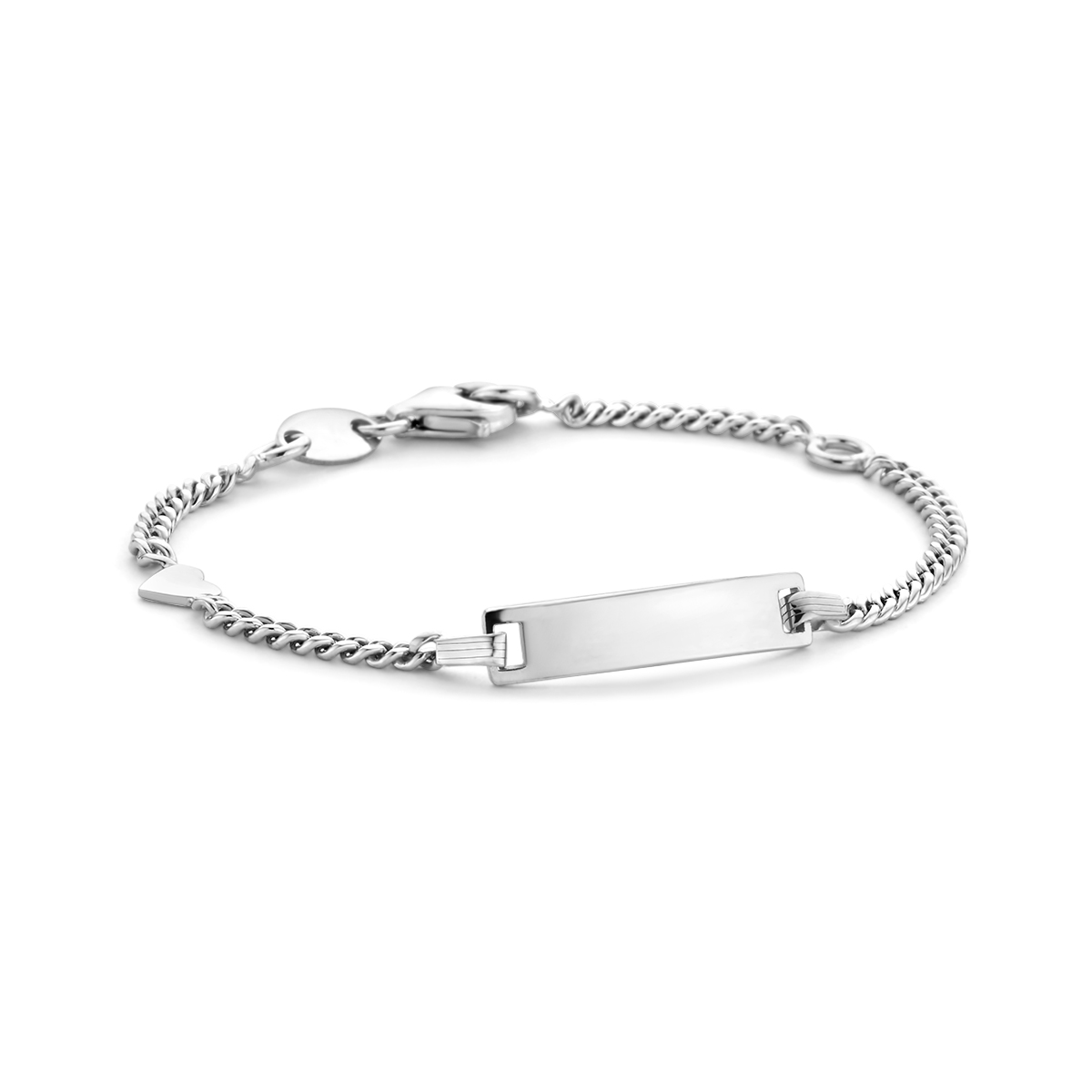 De Graveerarmband gourmet plaat 4,2 mm (modelnummer 1327373) is een chic sieraad van rhodium verguld 925 sterling zilver, zilverkleurig met glanzende afwerking. Met zijn breedte van 4,2 mm en lengte van 11-13 cm is hij perfect voor kinderen of een kleinere pols. Draag het dagelijks als elegant detail, of als een persoonlijke touch met een gegraveerde boodschap. Gewicht: 2,2 gram.