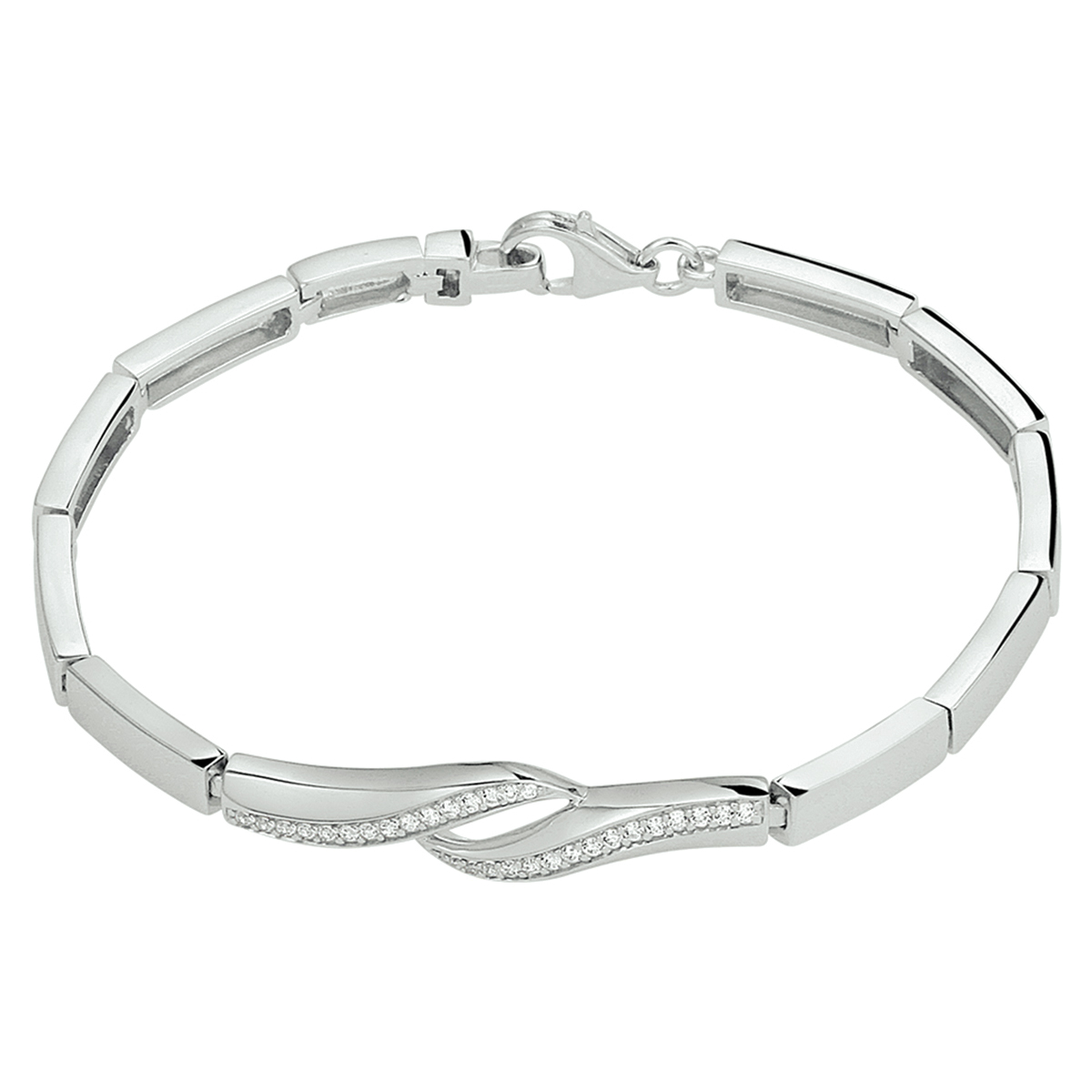 Gerhodineerd zilveren armband met een draaglengte van 18.5cm. De schakelbreedte is 7.0mm. Met schitterende details zoals de sprankelende rij van zirkonia stenen en de poli afwerking. Uitgevoerd met een stevig karabijn slot. Tip: Combineer deze armband met bijpassende sieraden uit onze collectie.