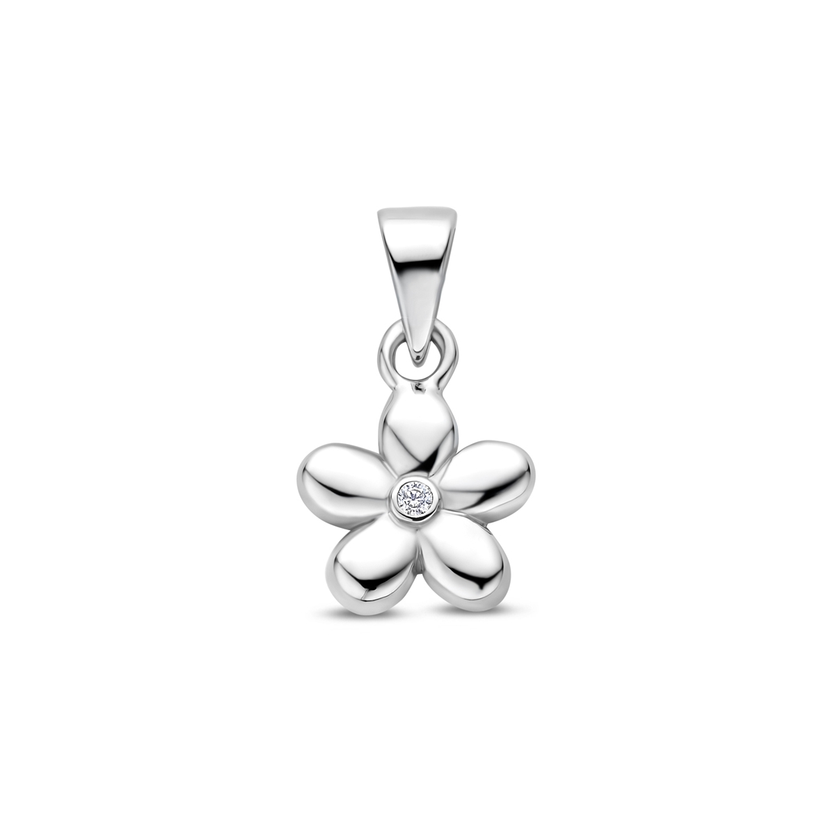 Gerhodineerd zilveren hanger in de vorm van een bloem. Uitgevoerd met een schitterende zirkonia. Tip: Leuk om kado te geven! Zie je ze al stralen?