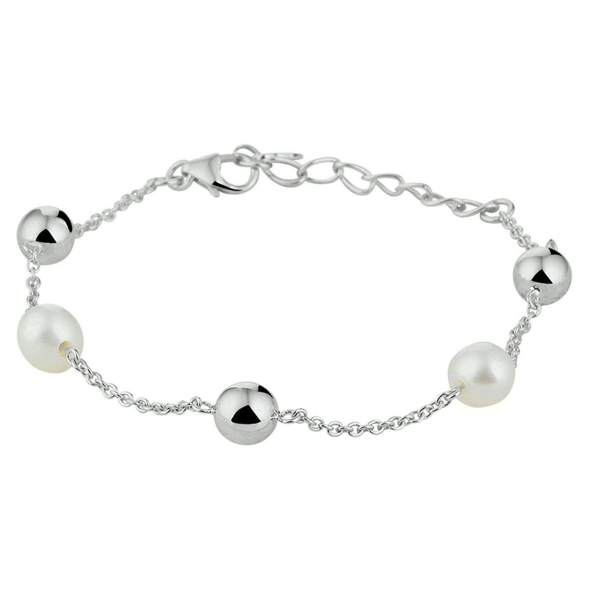 Gerhodineerd zilveren anker armband met een draaglengte van 16cm en een extensie van 3cm. Uitgevoerd met zoetwaterparels van 7mm en poli afgewerkte bolletjes van 6mm. De schakelbreedte is 1.5mm. De armband is voorzien van een karabijn sluiting en is goed te combineren met bijpassende parel sieraden uit onze collectie.